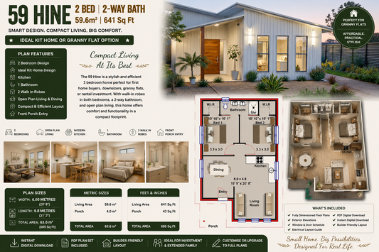 59 Hine – 2 Bedroom Small House Plan | 59.6 m² | 641 Sq Ft | Build Cost Planning Pack