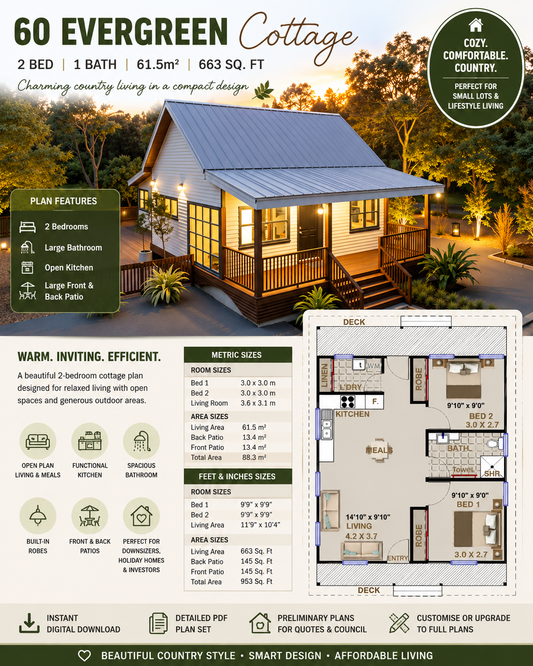 60 Evergreen Cottage – 2 Bedroom Small House Plan Cozy Country Cottage Design with Large Front & Rear Patios