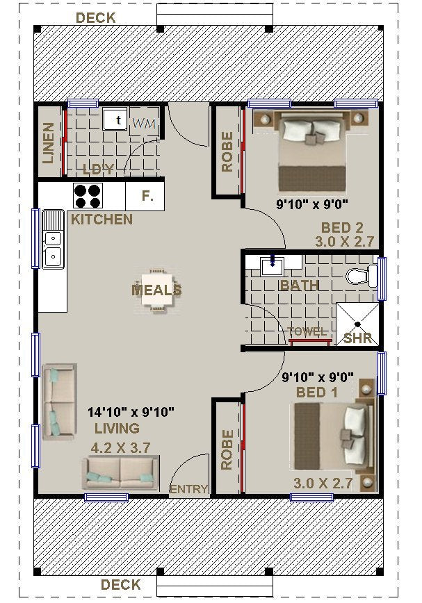 60 Evergreen Cottage – 2 Bedroom Small House Plan Cozy Country Cottage Design with Large Front & Rear Patios