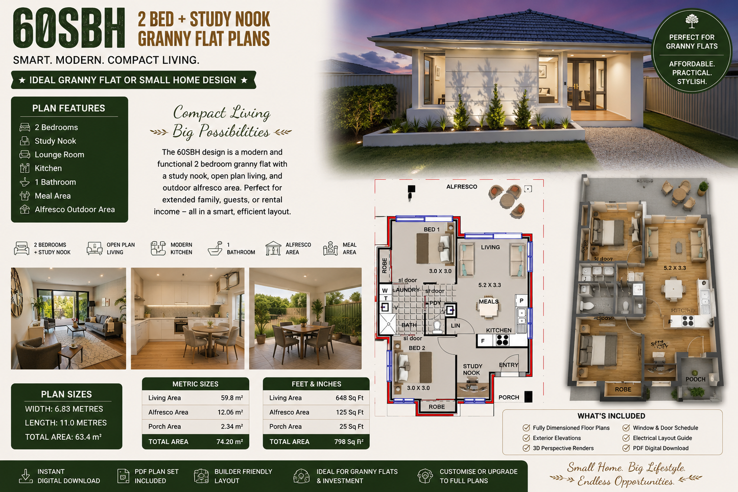 60SBH Granny Flat Plans | 2 Bed + Study Nook | 798 Sq Ft | 63.4m² Home Design