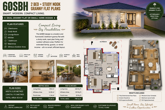 60SBH Granny Flat Plans | 2 Bed + Study Nook | 798 Sq Ft | 63.4m² Home Design