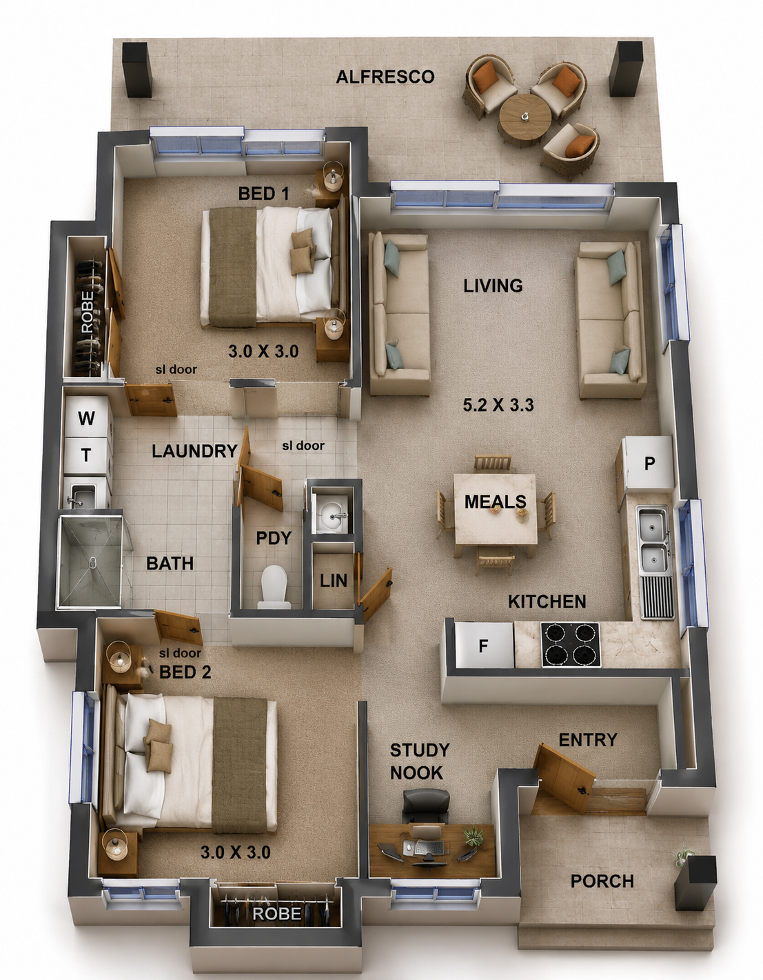 60SBH Granny Flat Plans | 2 Bed + Study Nook | 798 Sq Ft | 63.4m² Home Design