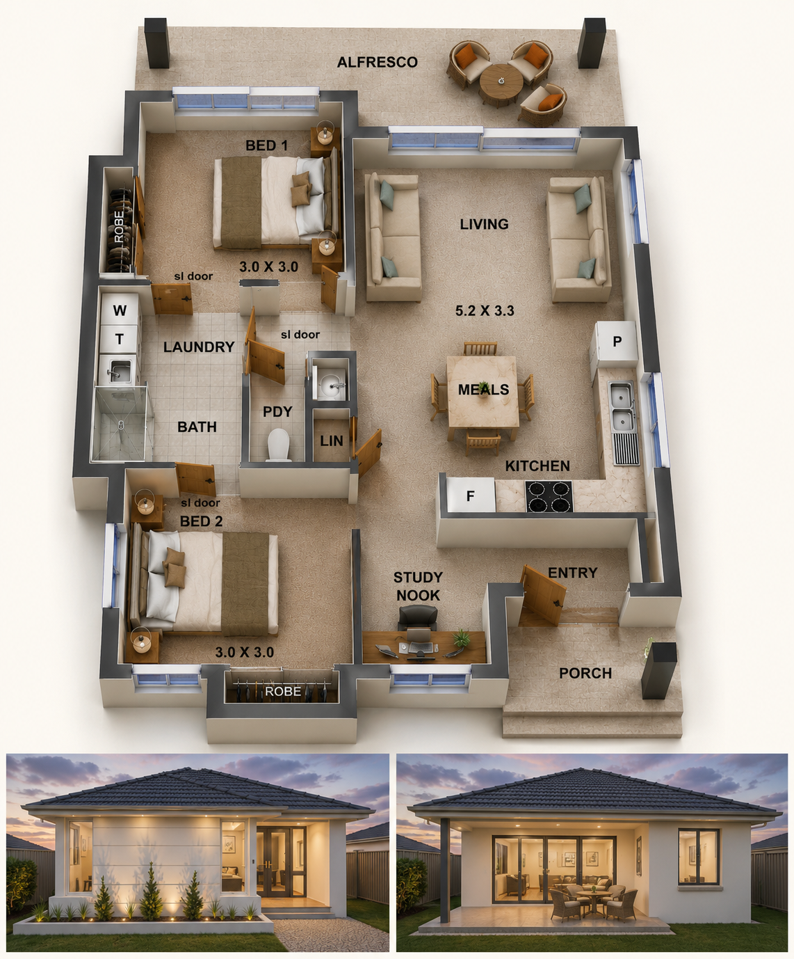60SBH Granny Flat Plans | 2 Bed + Study Nook | 798 Sq Ft | 63.4m² Home Design