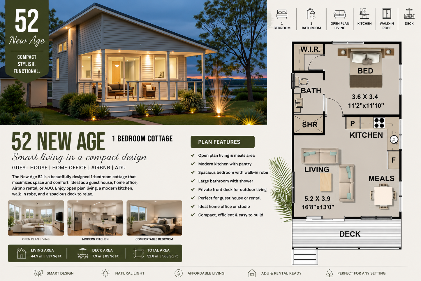 House Plan 52 – New Age Cottage | 1 Bedroom Small Home, Guest House &amp; ADU Plan
