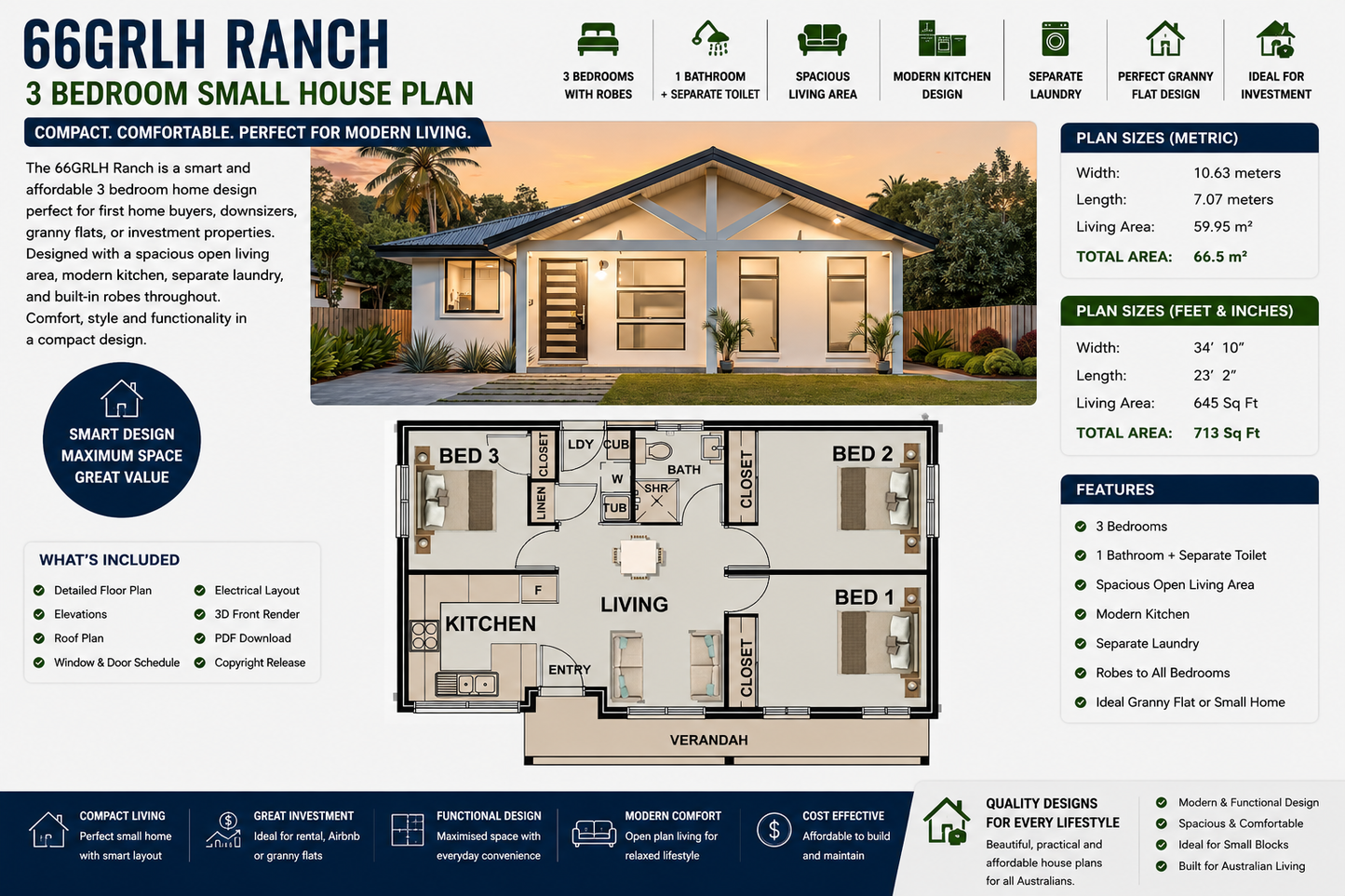 66GRLH Ranch | 3 Bedroom Small House Plan | Granny Flat Design | 66.5 m² | 713 Sq Ft