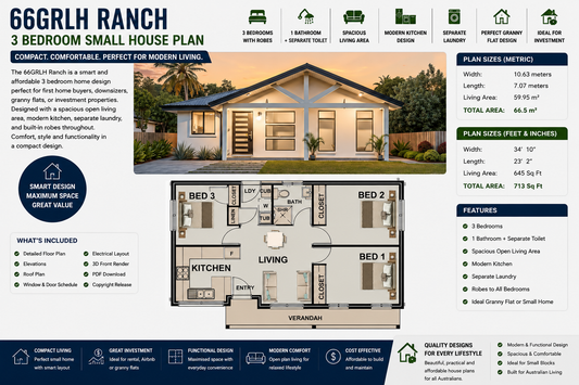 66GRLH Ranch | 3 Bedroom Small House Plan | Granny Flat Design | 66.5 m² | 713 Sq Ft