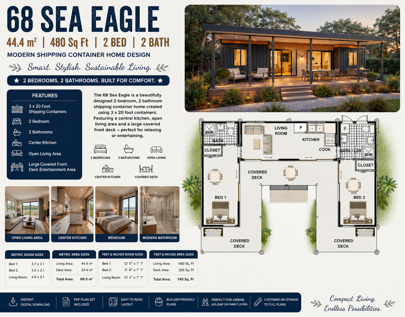 68 Sea Eagle – 69.0 m² | 745 Sq Ft | 2 Bed | 2 Bath Shipping Container Home Plans