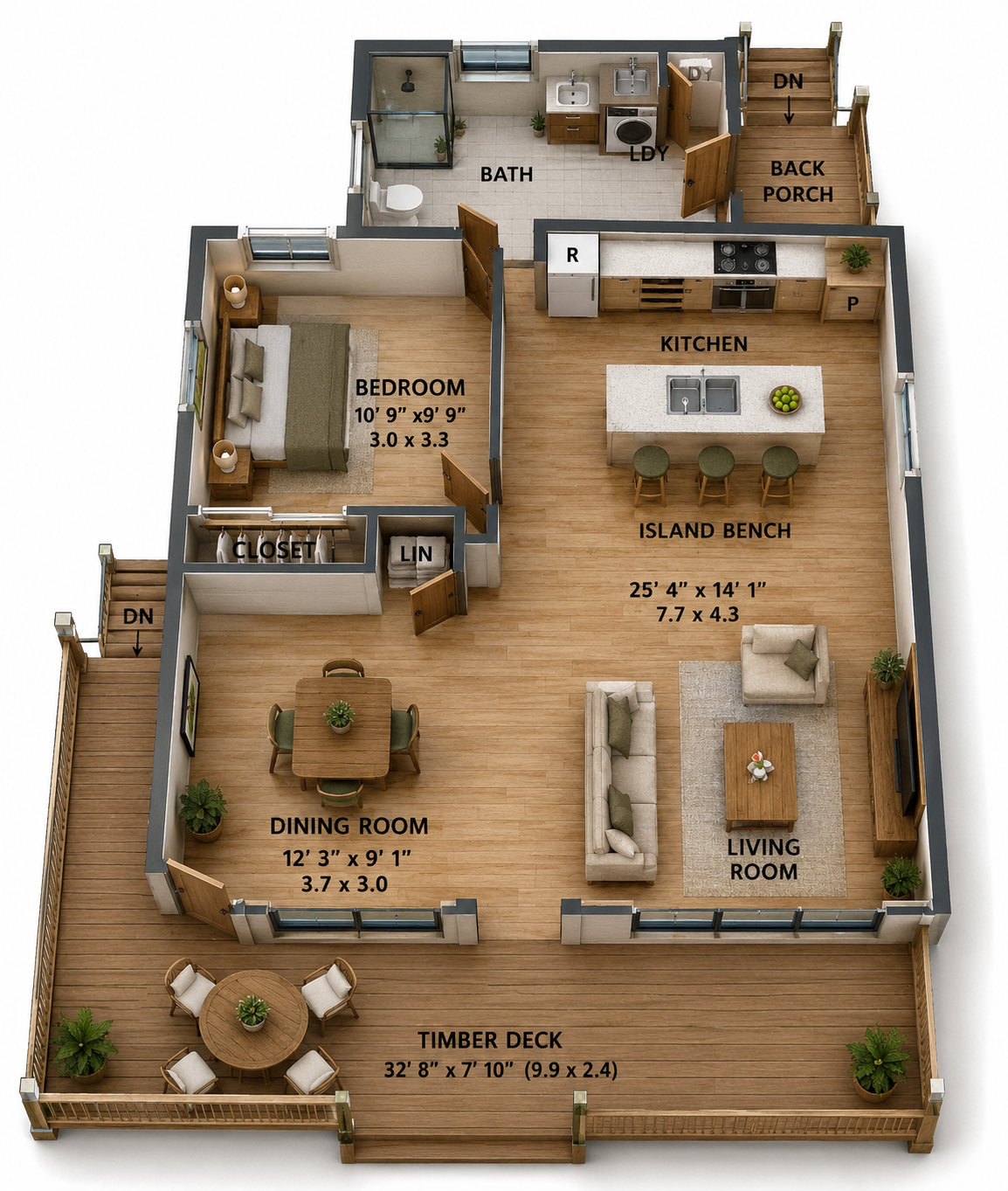 69.53 Sunny Pines Cabin – 1 Bedroom Cabin & Guest House Plan
