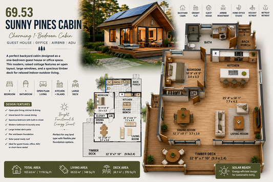 69.53 Sunny Pines Cabin – 1 Bedroom Cabin & Guest House Plan