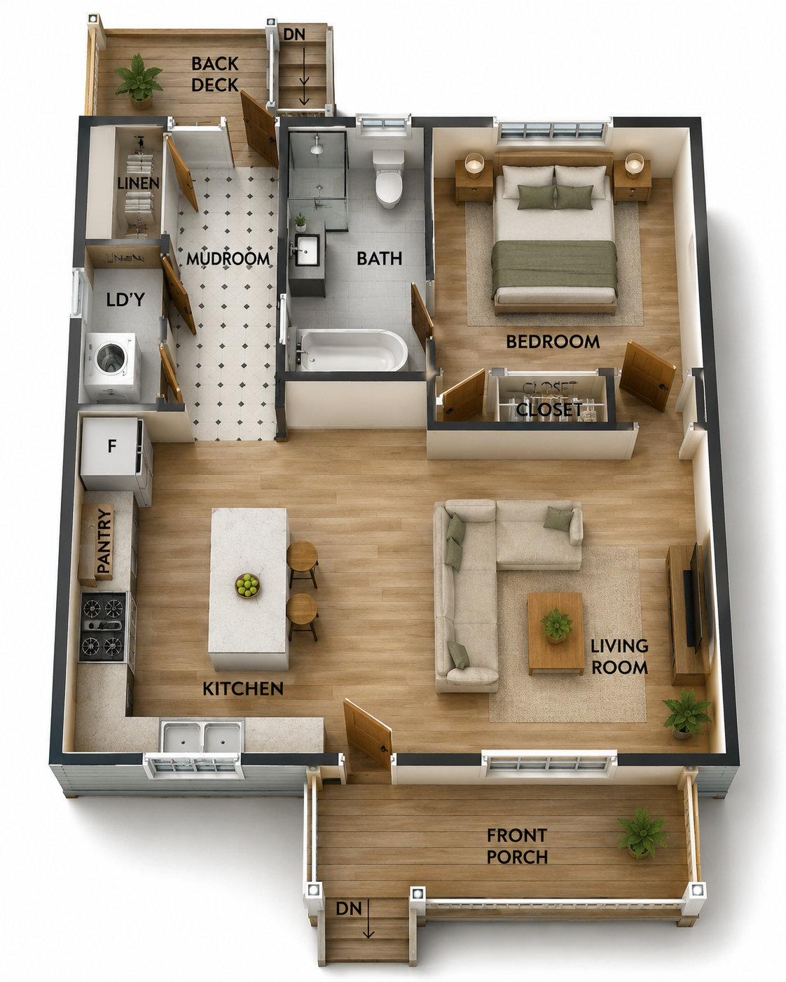 69.65 Camellia Cottage – 1 Bedroom Cottage House Plan