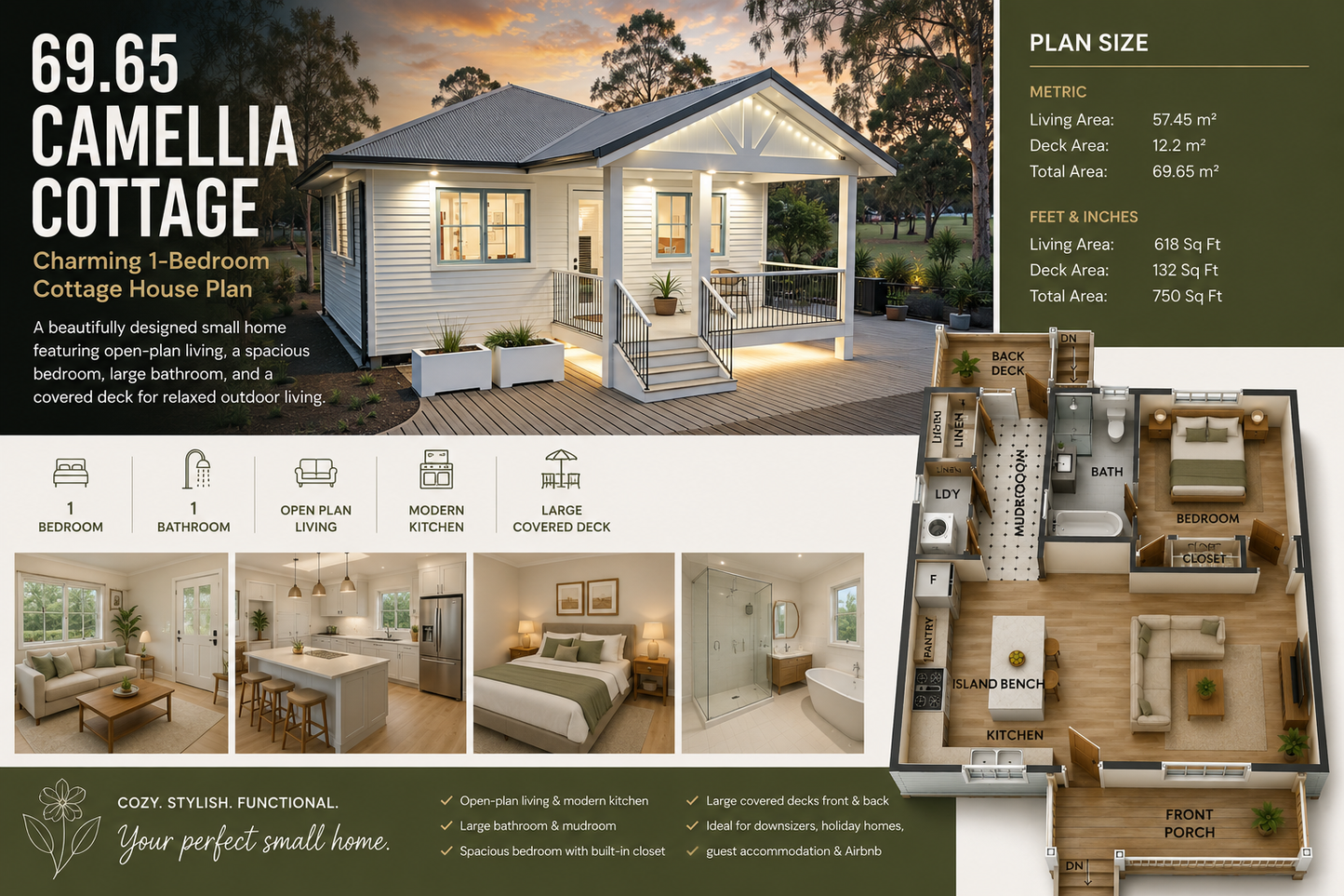 69.65 Camellia Cottage – 1 Bedroom Cottage House Plan