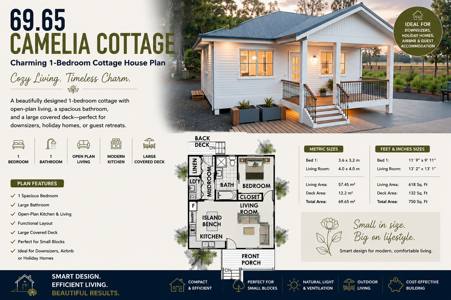 69.65 Camellia Cottage – 1 Bedroom Cottage House Plan