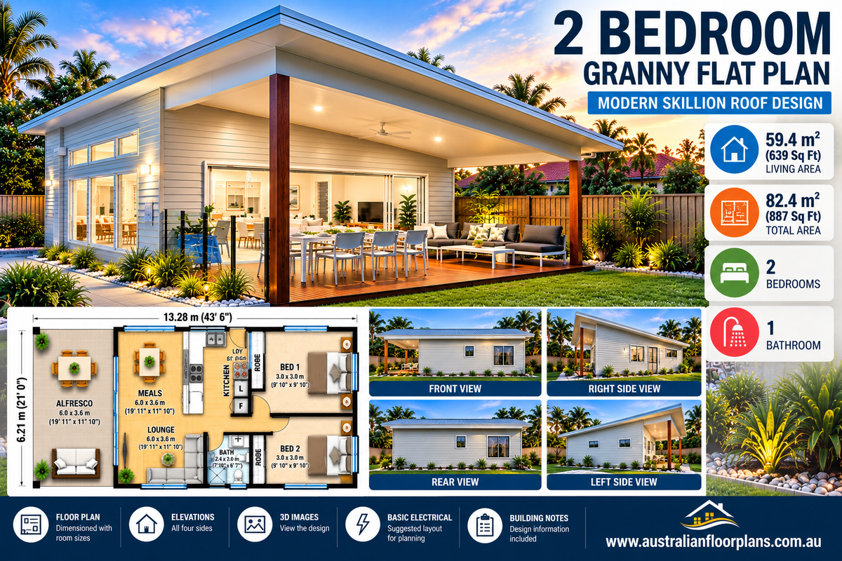 Modern 2 Bedroom Granny Flat Plans – 59.4m² Skillion Roof Home with Alfresco