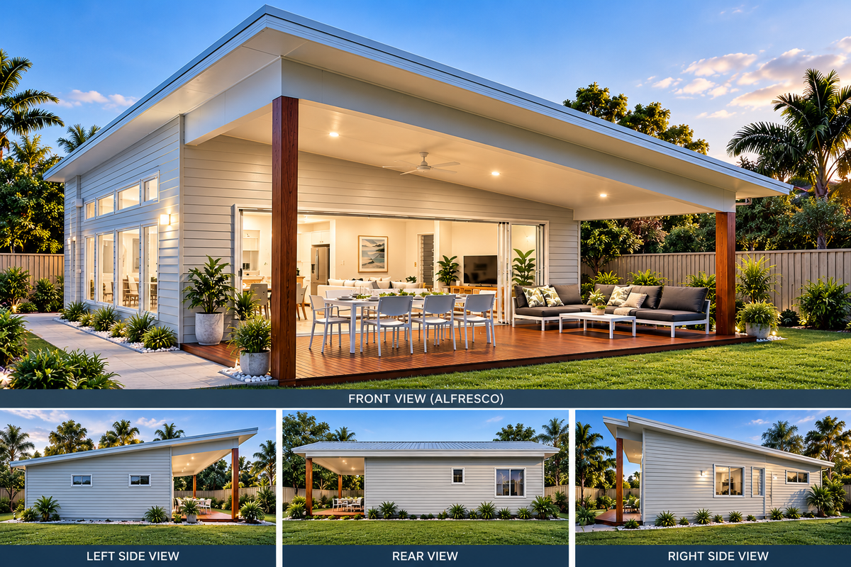Modern 2 Bedroom Granny Flat Plans – 59.4m² Skillion Roof Home with Alfresco
