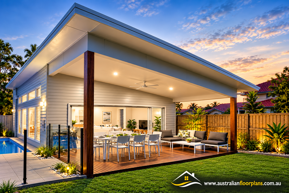 Modern 2 Bedroom Granny Flat Plans – 59.4m² Skillion Roof Home with Alfresco