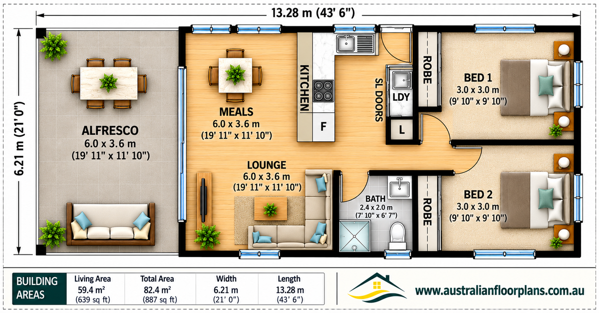 Modern 2 Bedroom Granny Flat Plans – 59.4m² Skillion Roof Home with Alfresco