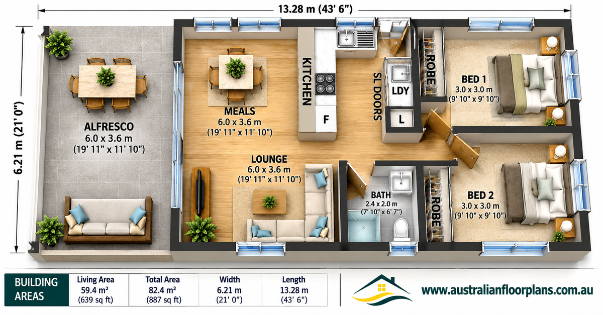 Modern 2 Bedroom Granny Flat Plans – 59.4m² Skillion Roof Home with Alfresco