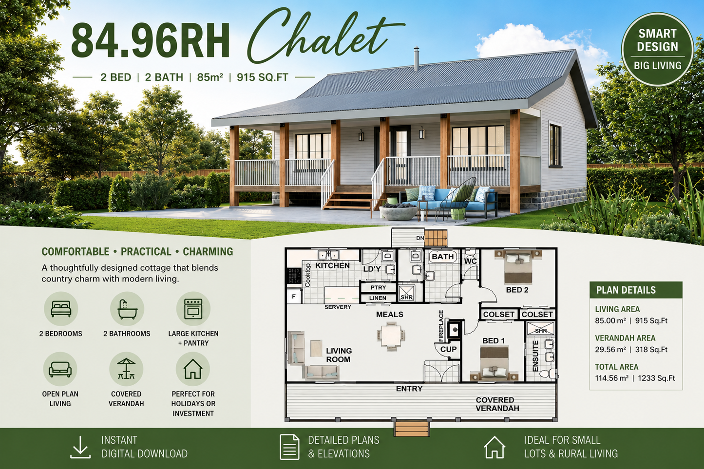 84.96RH Chalet House Plan – Modern 2 Bedroom Cottage Design
