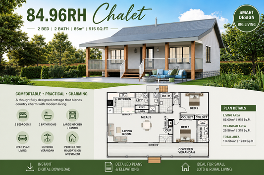 84.96RH Chalet House Plan – Modern 2 Bedroom Cottage Design