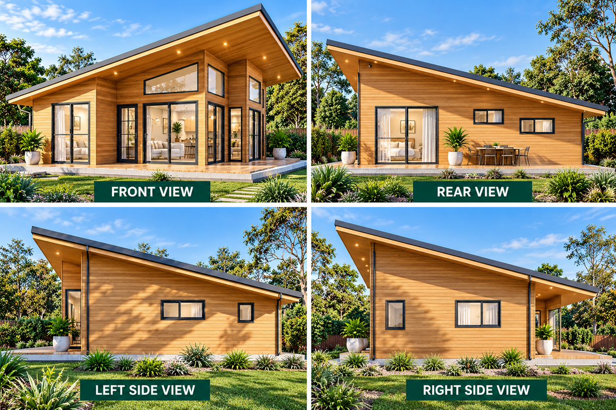 87.7LH Lodge – 2 Bedroom Skillion Roof Granny Flat Plans | Build Cost Planning Pack