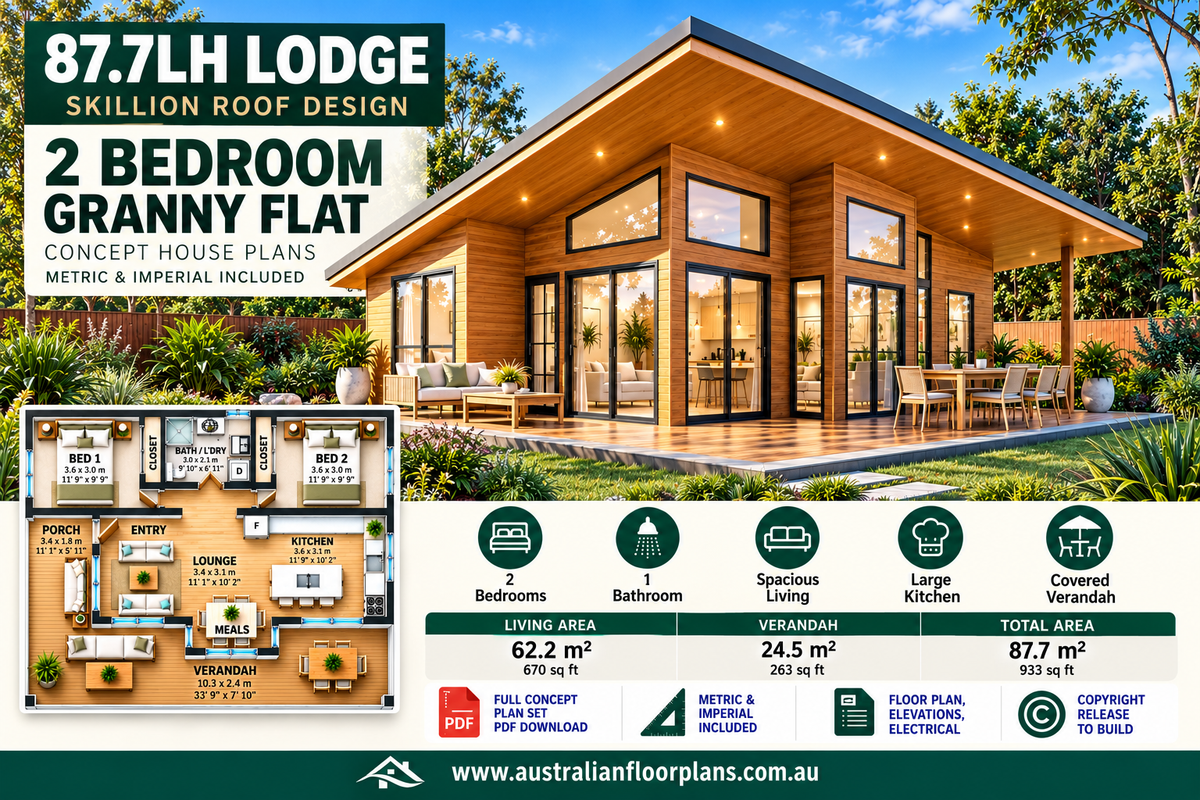87.7LH Lodge – 2 Bedroom Skillion Roof Granny Flat Plans | Build Cost Planning Pack