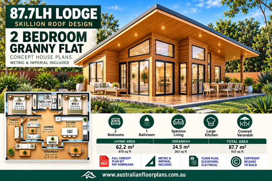 87.7LH Lodge – 2 Bedroom Skillion Roof Granny Flat Plans | Build Cost Planning Pack