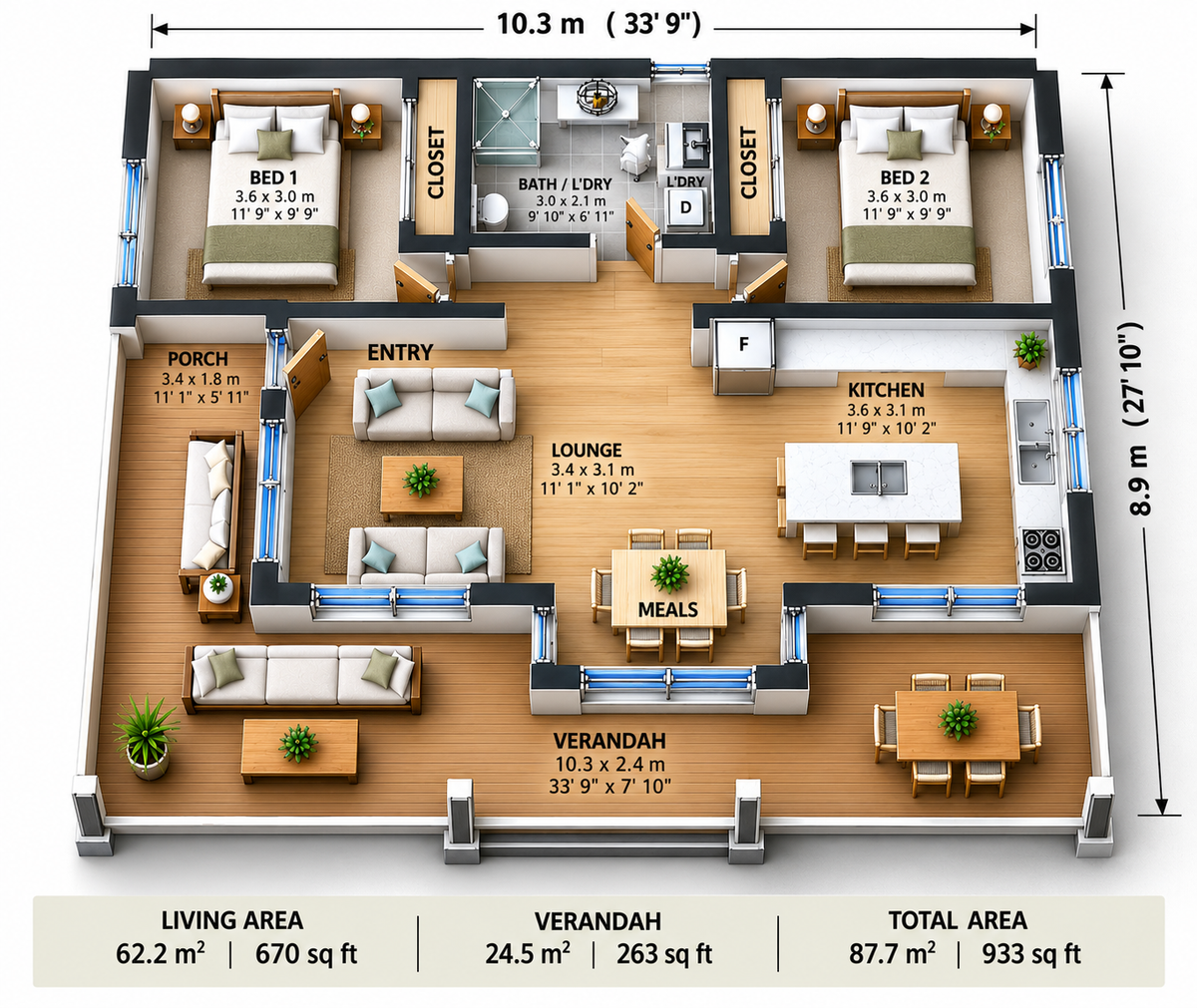 87.7LH Lodge – 2 Bedroom Skillion Roof Granny Flat Plans | Build Cost Planning Pack