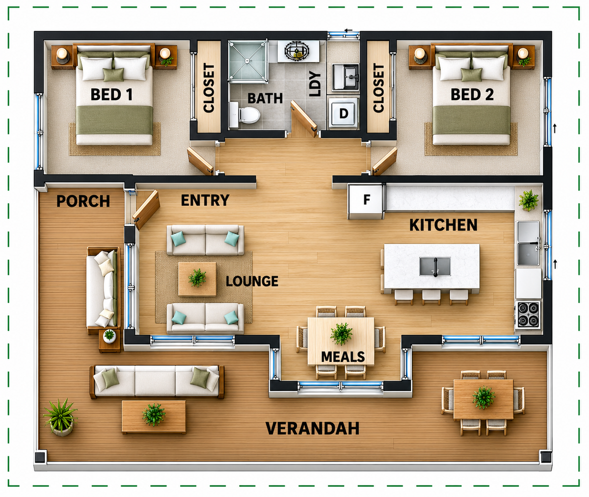 87.7LH Lodge – 2 Bedroom Skillion Roof Granny Flat Plans | Build Cost Planning Pack