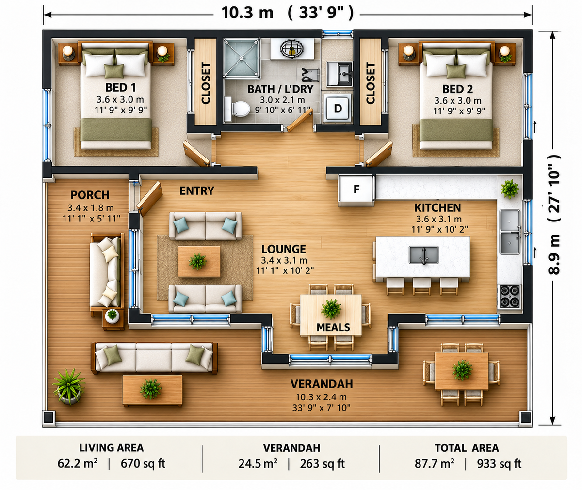 87.7LH Lodge – 2 Bedroom Skillion Roof Granny Flat Plans | Build Cost Planning Pack