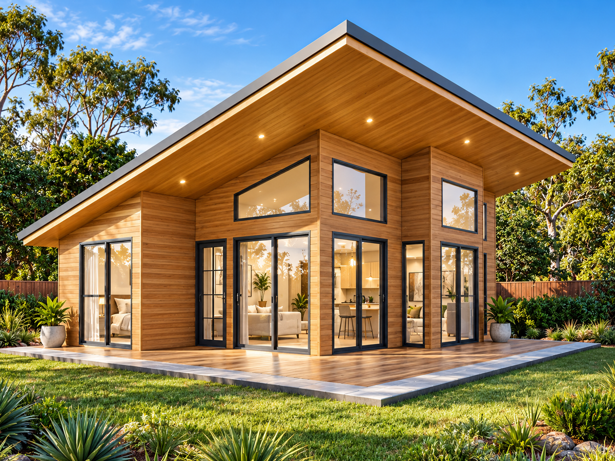87.7LH Lodge – 2 Bedroom Skillion Roof Granny Flat Plans | Build Cost Planning Pack