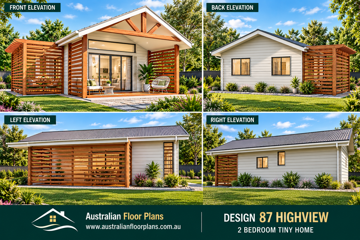 Design 87 Highview – Modern 2 Bedroom Tiny House Plans with Patio & BBQ Area