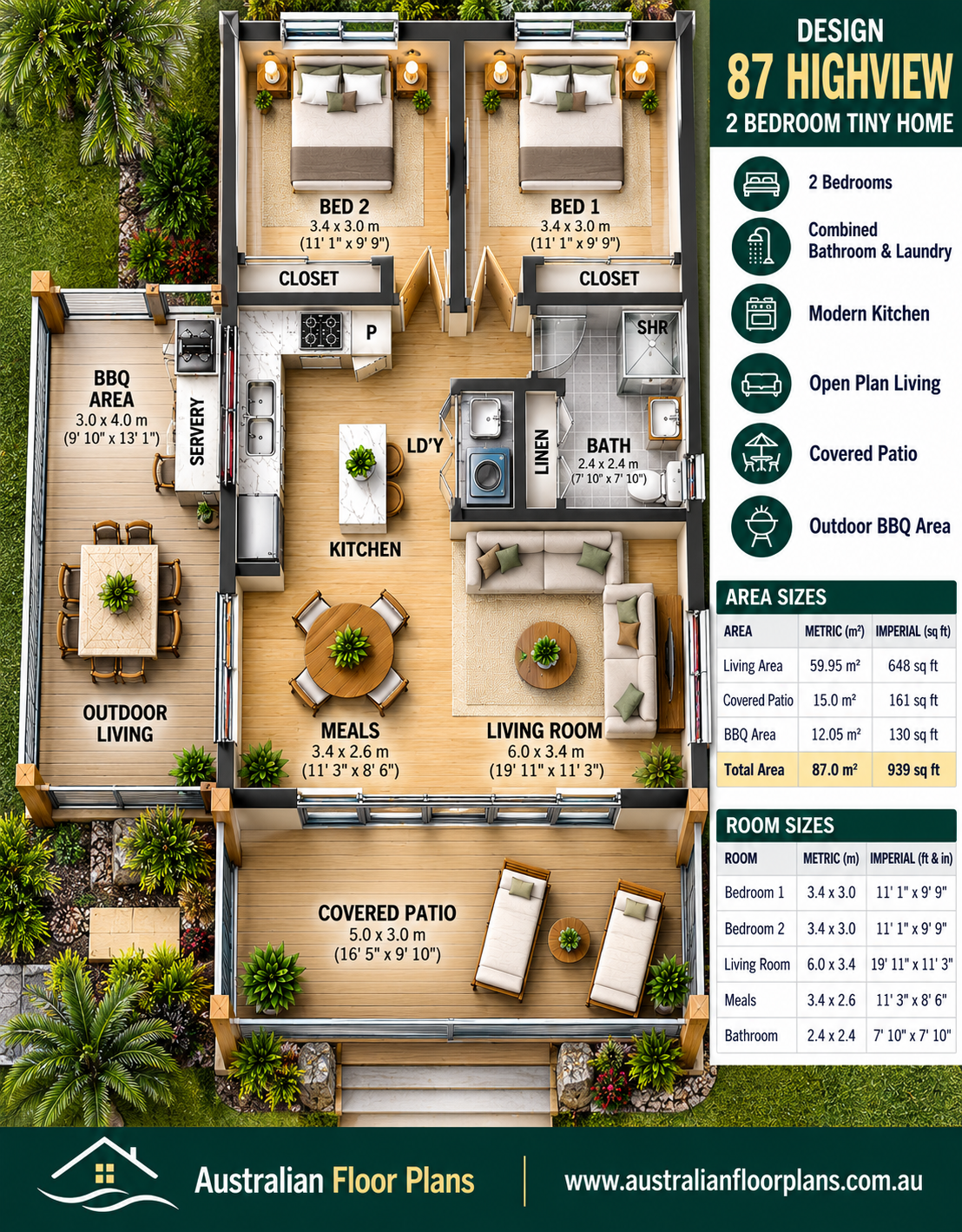 Design 87 Highview – Modern 2 Bedroom Tiny House Plans with Patio & BBQ Area