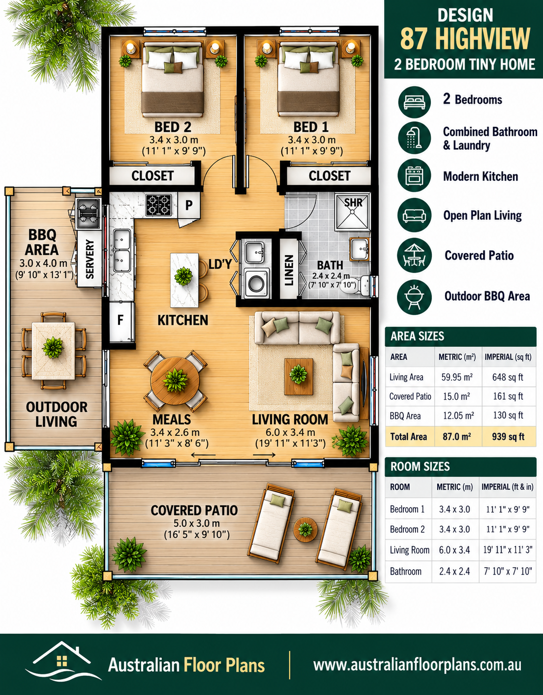 Design 87 Highview – Modern 2 Bedroom Tiny House Plans with Patio & BB ...