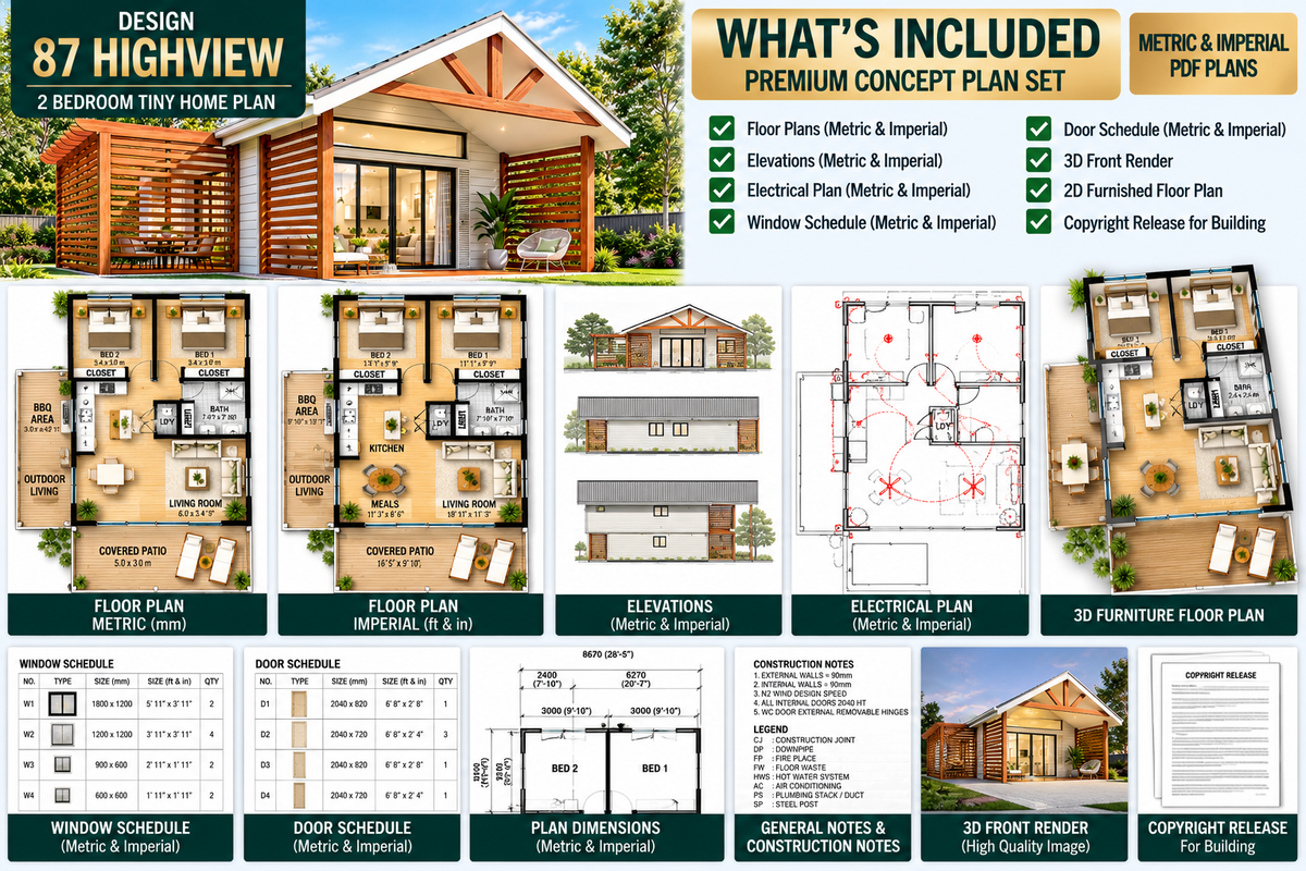 Design 87 Highview – Modern 2 Bedroom Tiny House Plans with Patio & BB ...