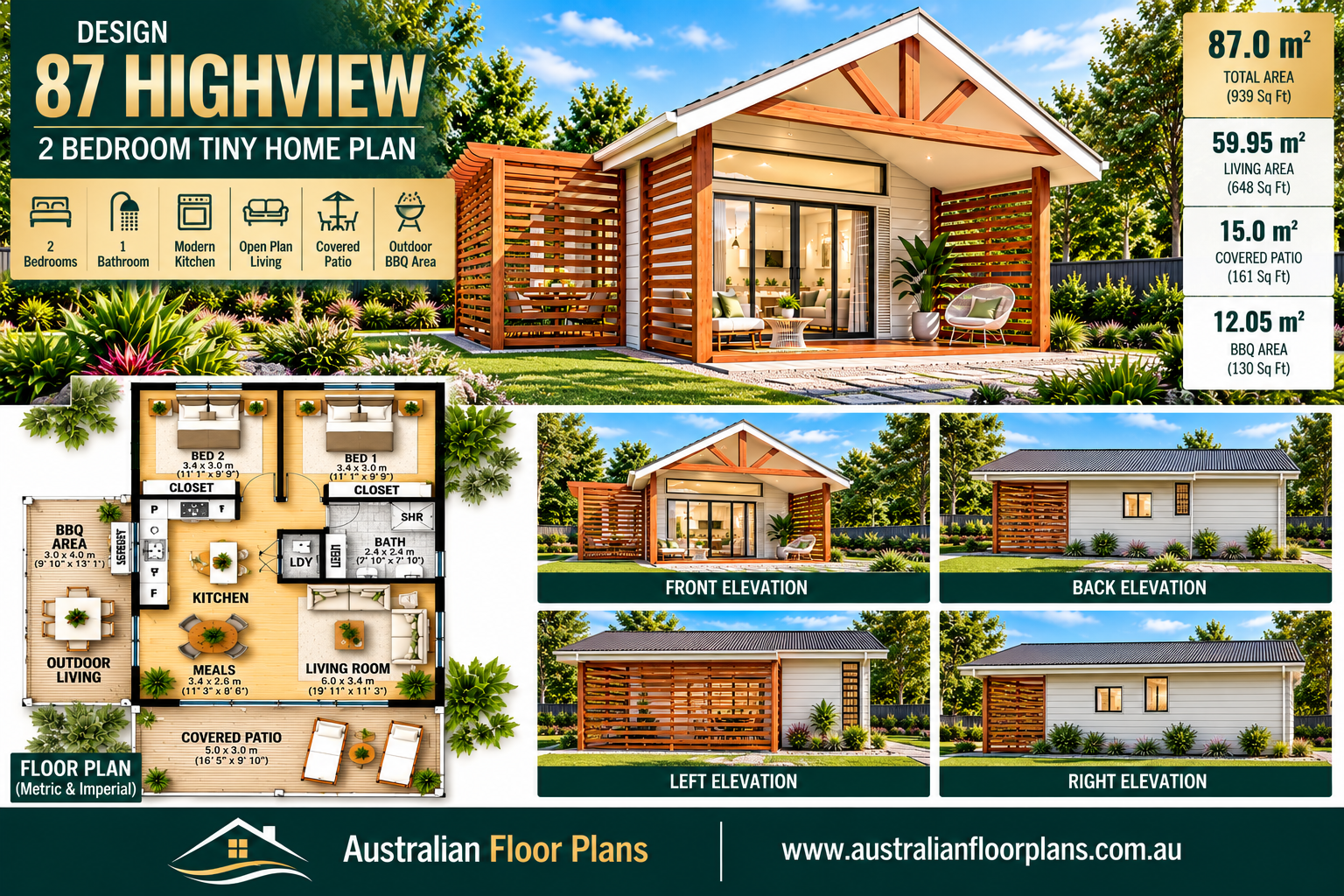 Design 87 Highview – Modern 2 Bedroom Tiny House Plans with Patio & BB ...
