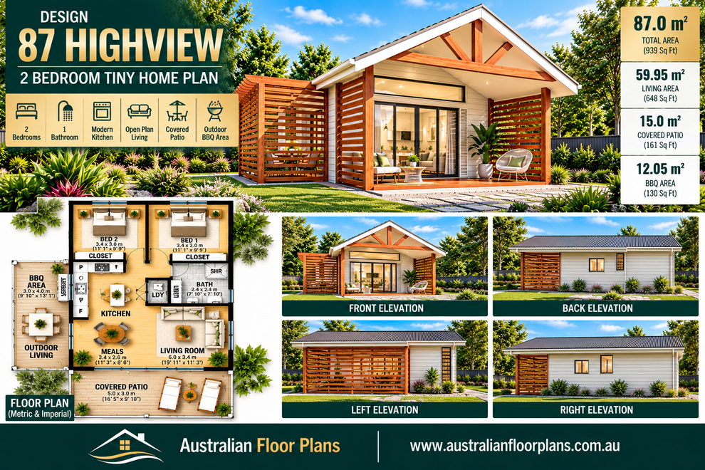 Design 87 Highview – Modern 2 Bedroom Tiny House Plans with Patio & BB ...
