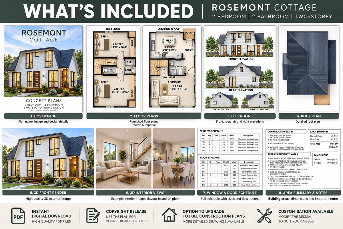 Rosemont Cottage | 2 Bedroom Cottage House Plans | 2 Bath Two-Storey Home | 88.6 m²