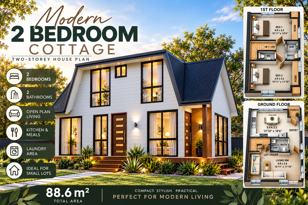 Rosemont Cottage | 2 Bedroom Cottage House Plans | 2 Bath Two-Storey Home | 88.6 m²