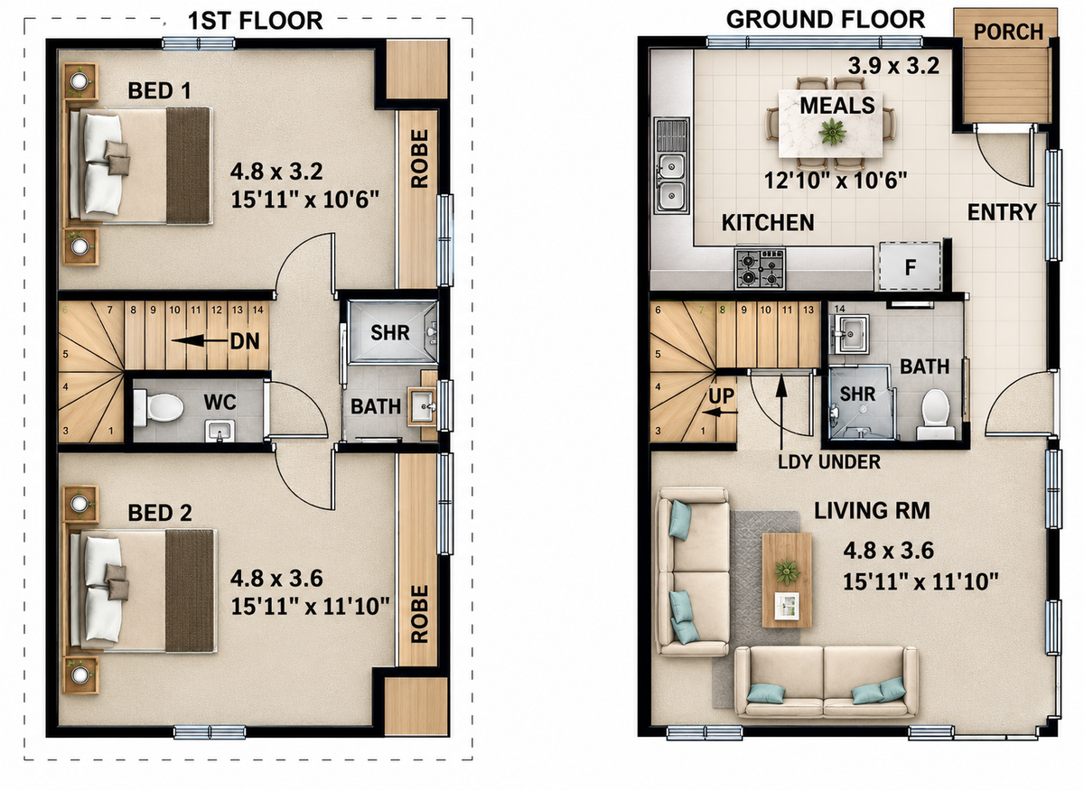 Rosemont Cottage | 2 Bedroom Cottage House Plans | 2 Bath Two-Storey Home | 88.6 m²