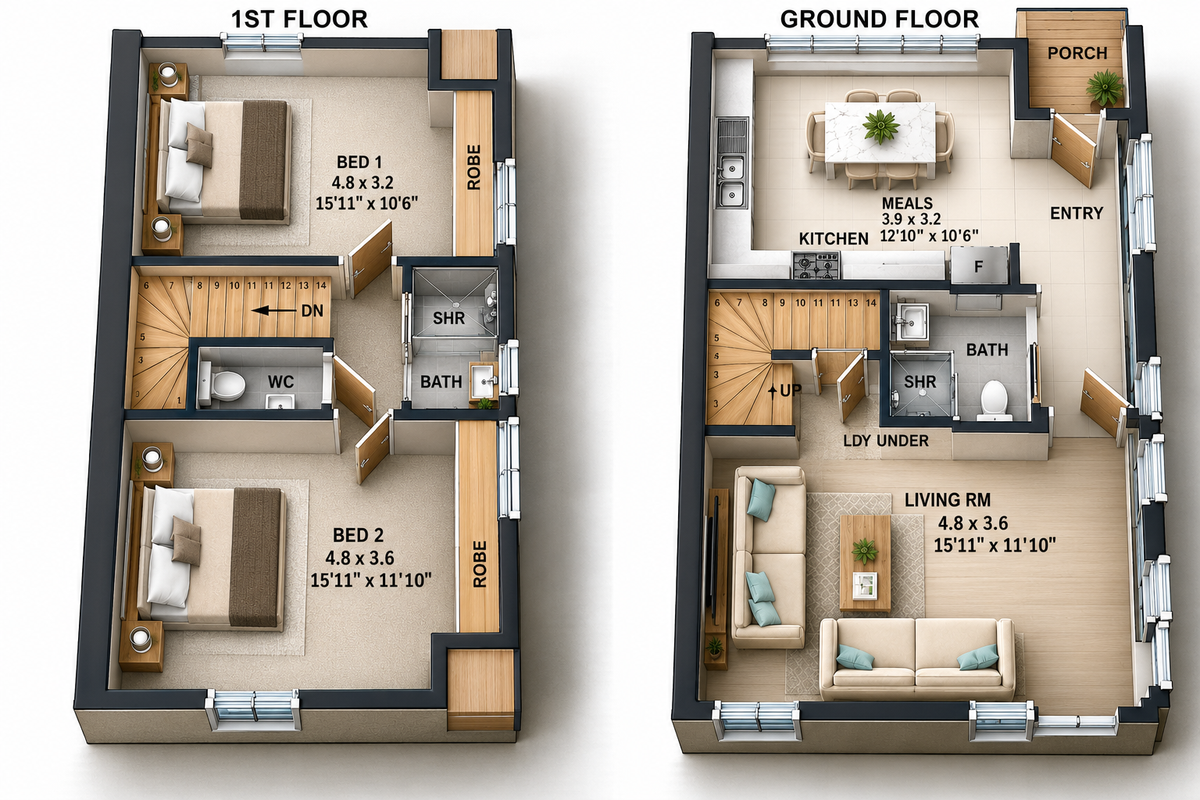 Rosemont Cottage | 2 Bedroom Cottage House Plans | 2 Bath Two-Storey Home | 88.6 m²