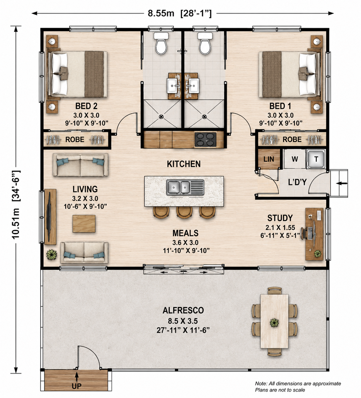 89.8 Granny Flat House Plan – 2 Bedroom + Study | 2 Bathrooms