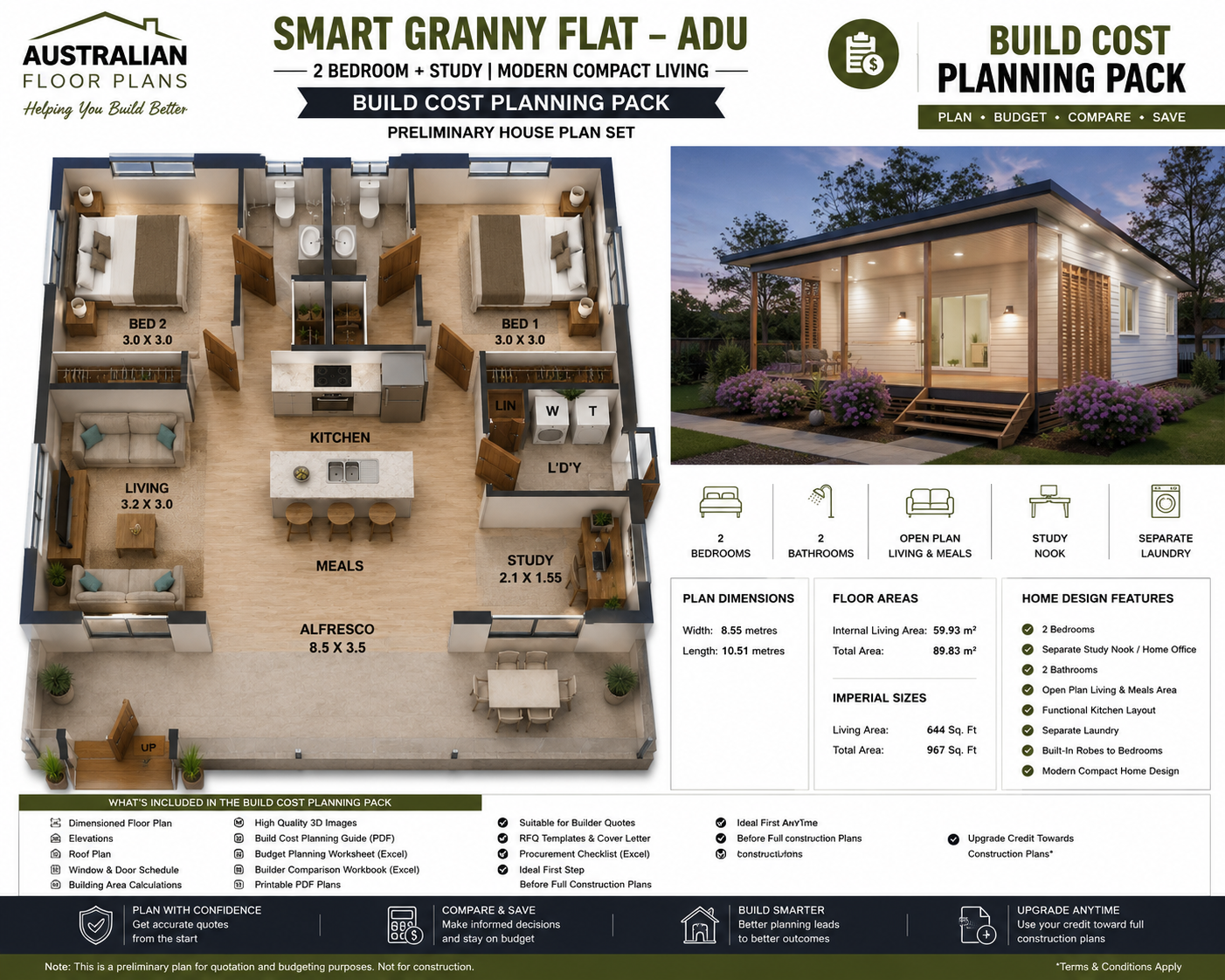 89.8 Granny Flat House Plan – 2 Bedroom + Study | 2 Bathrooms