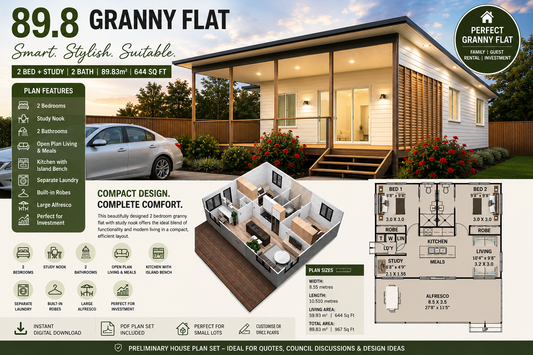 89.8 Granny Flat House Plan – 2 Bedroom + Study | 2 Bathroom
