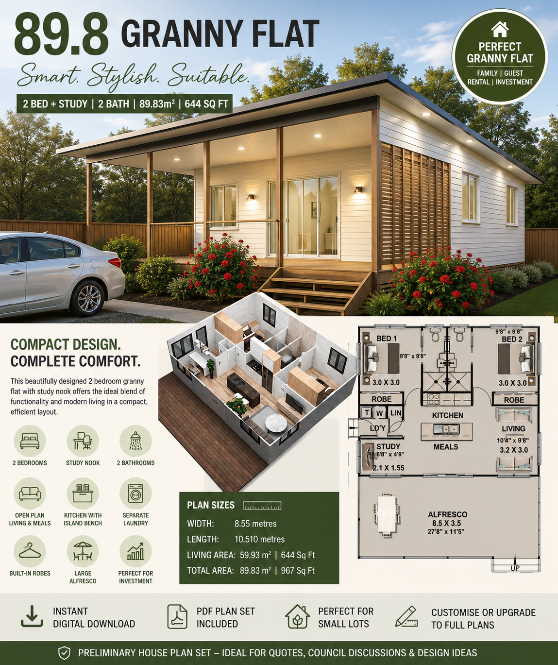 89.8 Granny Flat House Plan – 2 Bedroom + Study | 2 Bathroom