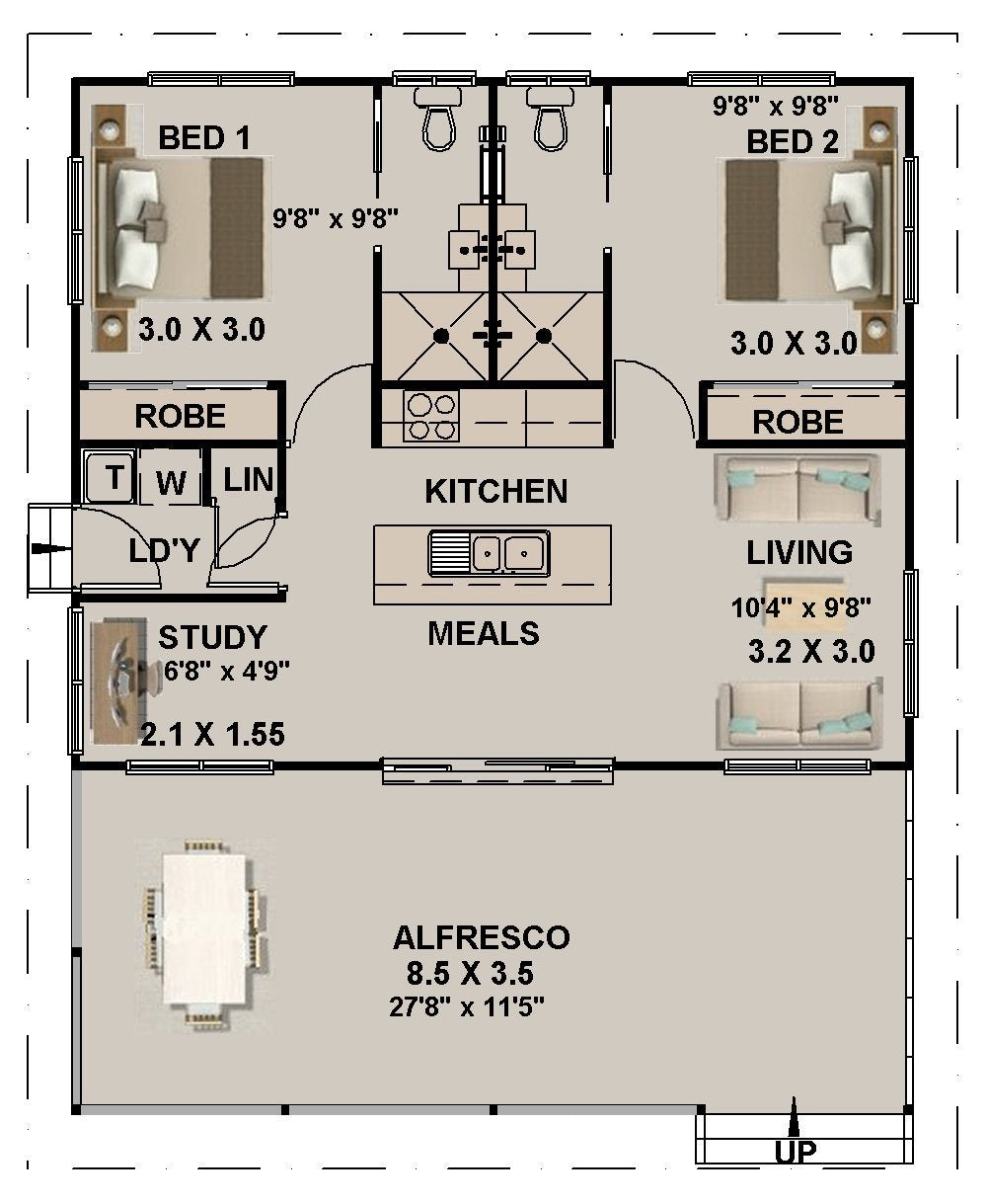 89.8 Granny Flat House Plan – 2 Bedroom + Study | 2 Bathroom