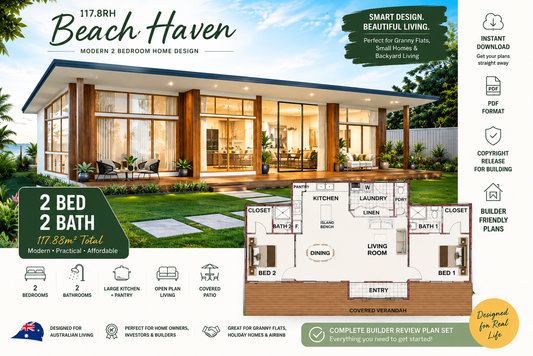 117.8RH Beach Haven | 2 Bedroom House Plan | 2 Bathroom | Modern Granny Flat Design | PDF House Plans