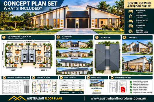 307DU Gemini – 4 Bedroom Duplex House Plan | Modern Skillion Roof | 307m²
