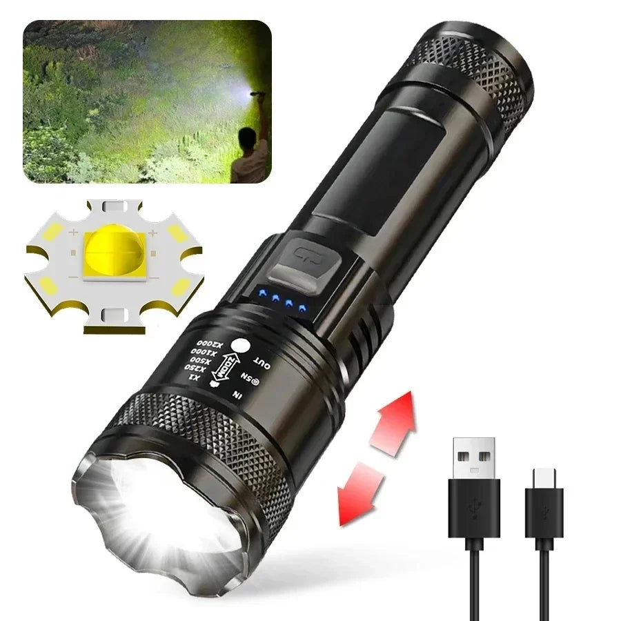 Tactical LED Flashlight USB Charging High Power Zoom Lantern with Display Light for Camping Fishing Emergency Use