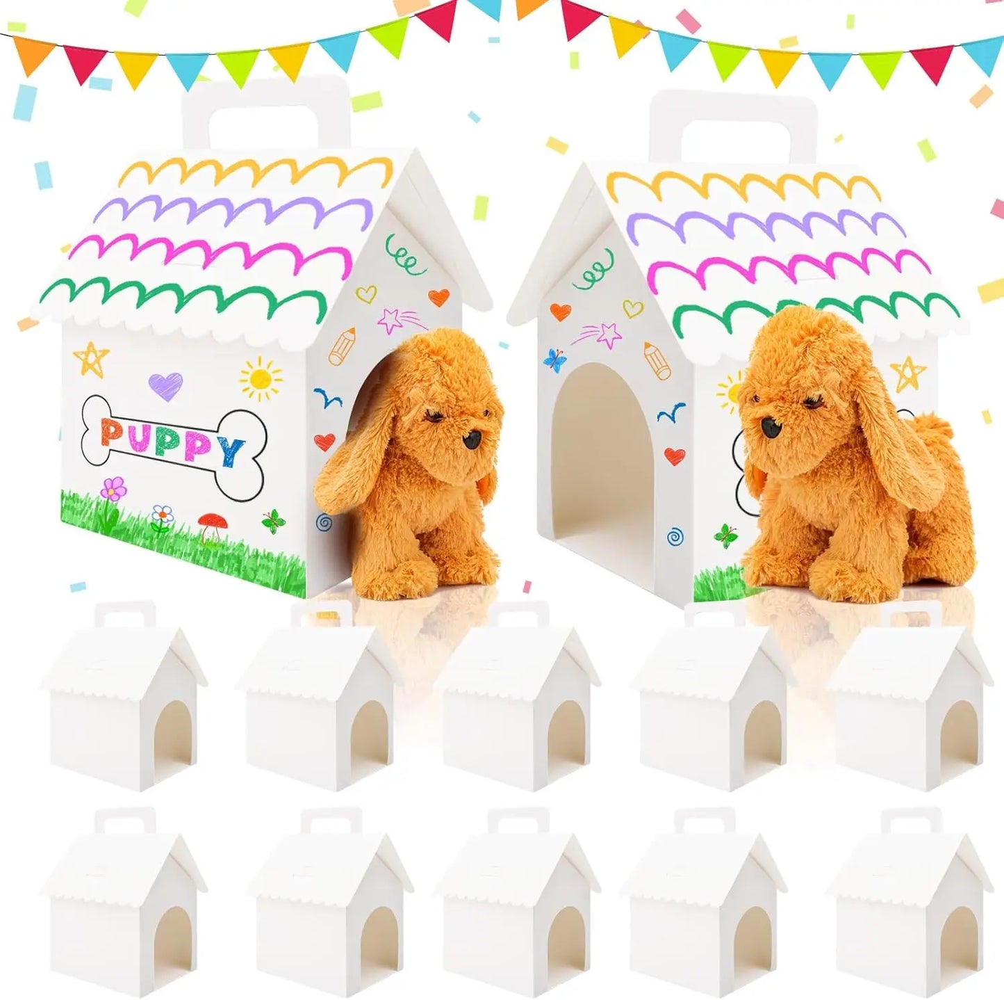 10Pcs White Dog House Shaped Treat Gift Boxes Party Favor DIY Foldable with Handle for Puppy Pet Adoption Kid DIY Crafting Pet