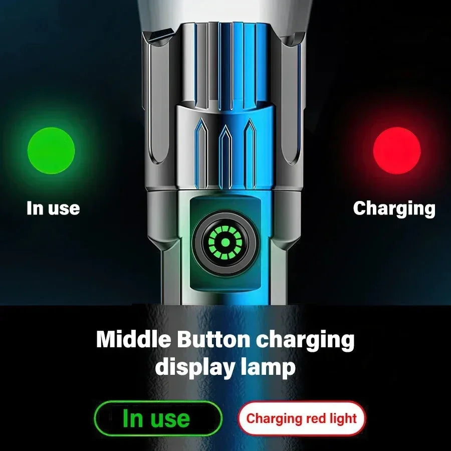 Tactical LED Flashlight USB Charging High Power Zoom Lantern with Display Light for Camping Fishing Emergency Use